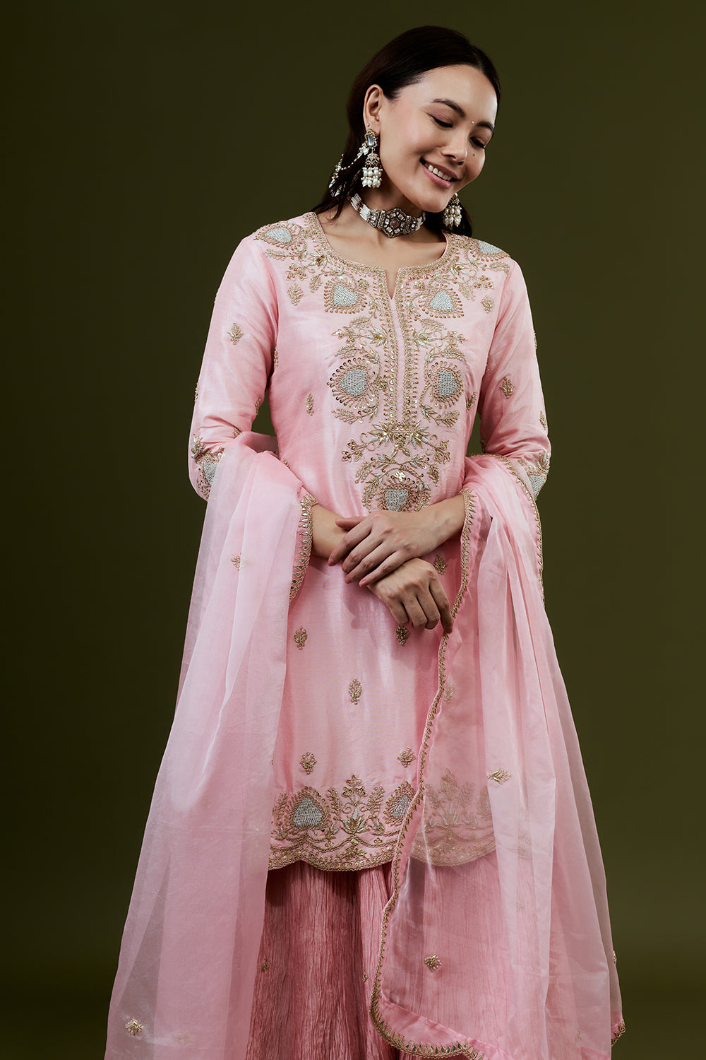 Pink Art Silk Suit Set with Zardosi Work
