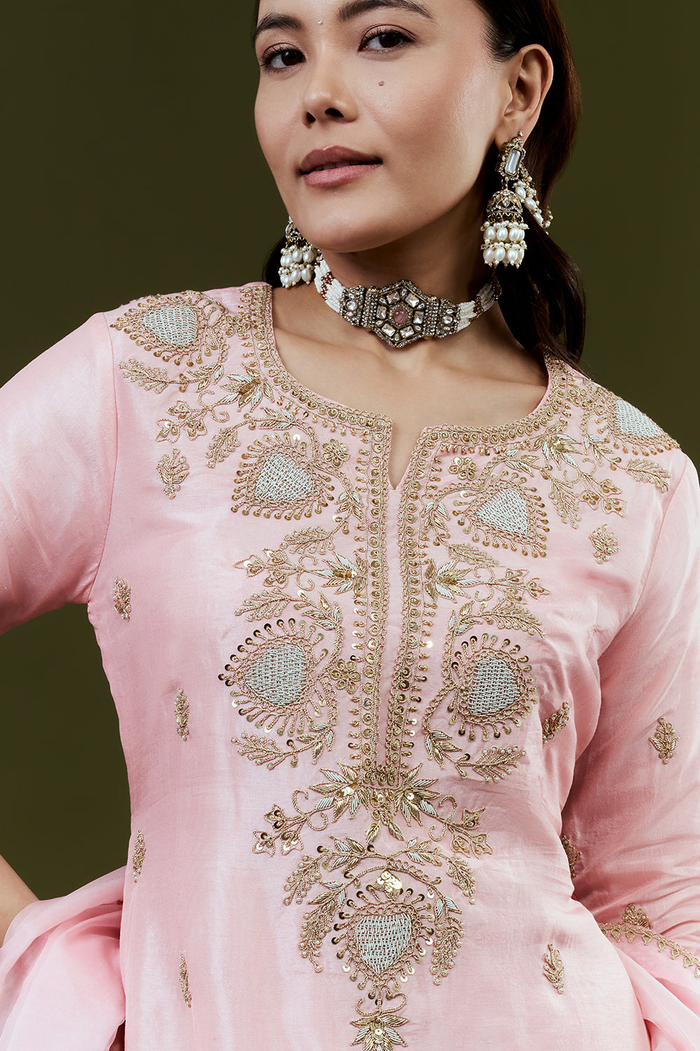 Pink Art Silk Suit Set with Zardosi Work
