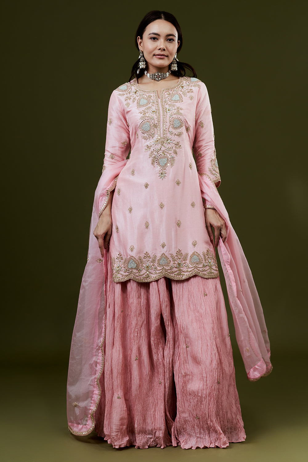 Pink Art Silk Suit Set with Zardosi Work