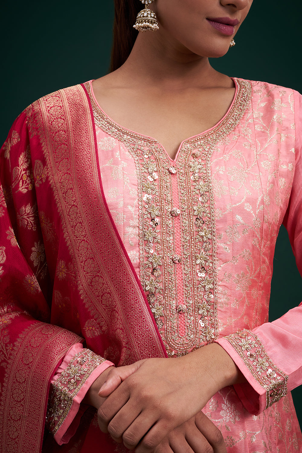 Pink Banarasi Silk Salwar Suit with Sequin Work