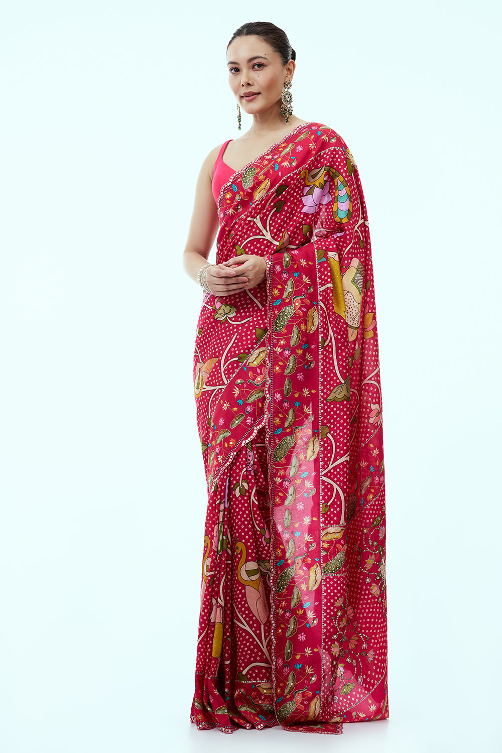 Pink Crepe Bandhani Print Saree with Nature Inspired Motifs