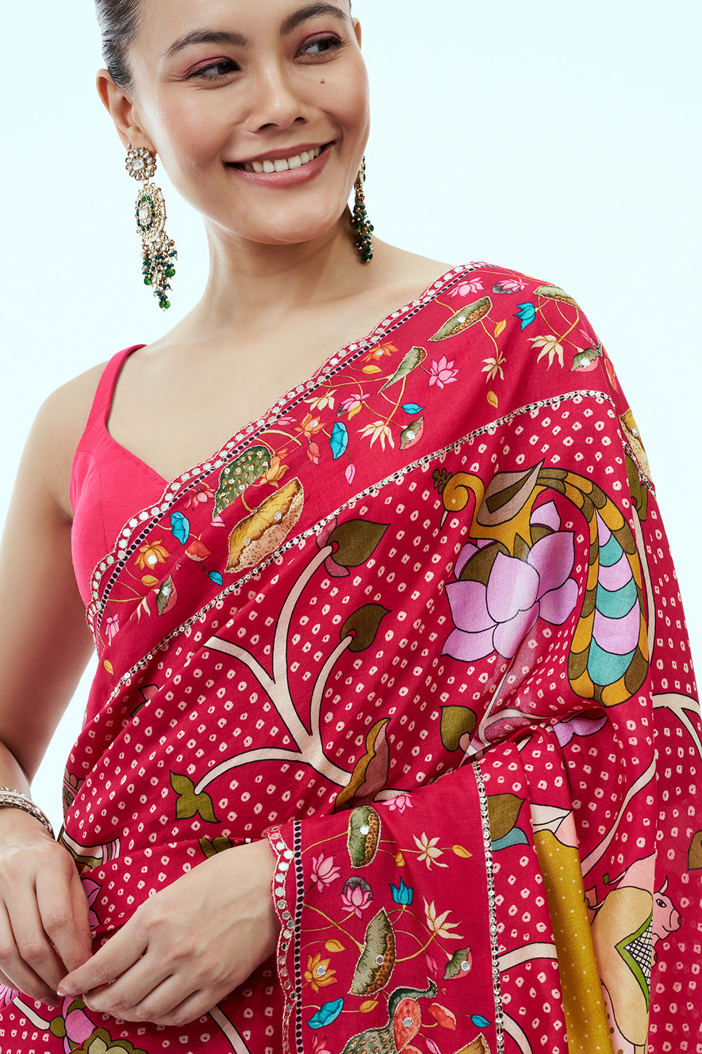 Pink Crepe Bandhani Print Saree with Nature Inspired Motifs
