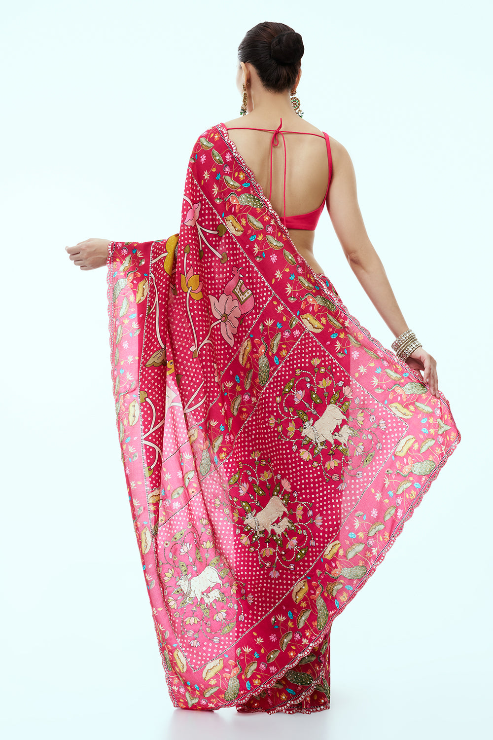 Pink Crepe Bandhani Print Saree with Nature Inspired Motifs