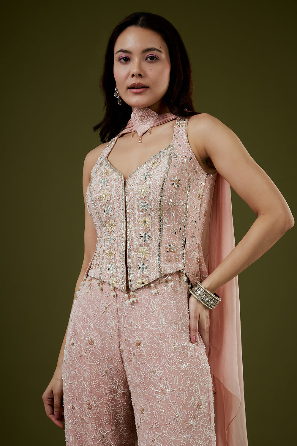 Pink Georgette Lucknowi Palazzo Set with Mirror Work