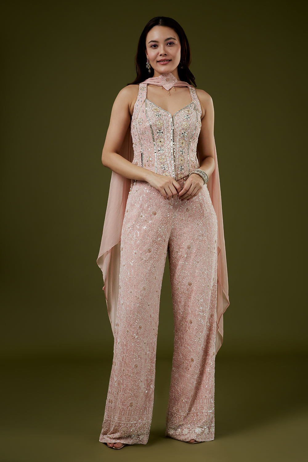 Pink Georgette Lucknowi Palazzo Set with Mirror Work