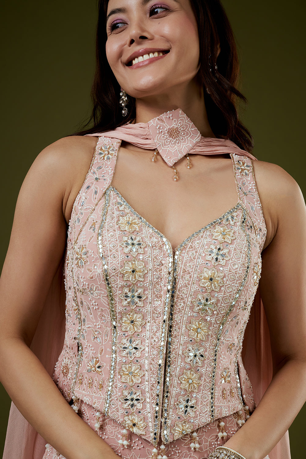 Pink Georgette Lucknowi Palazzo Set with Mirror Work