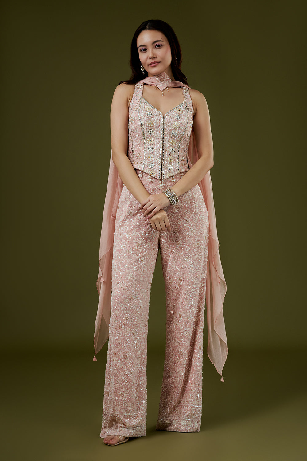 Pink Georgette Lucknowi Palazzo Set with Mirror Work