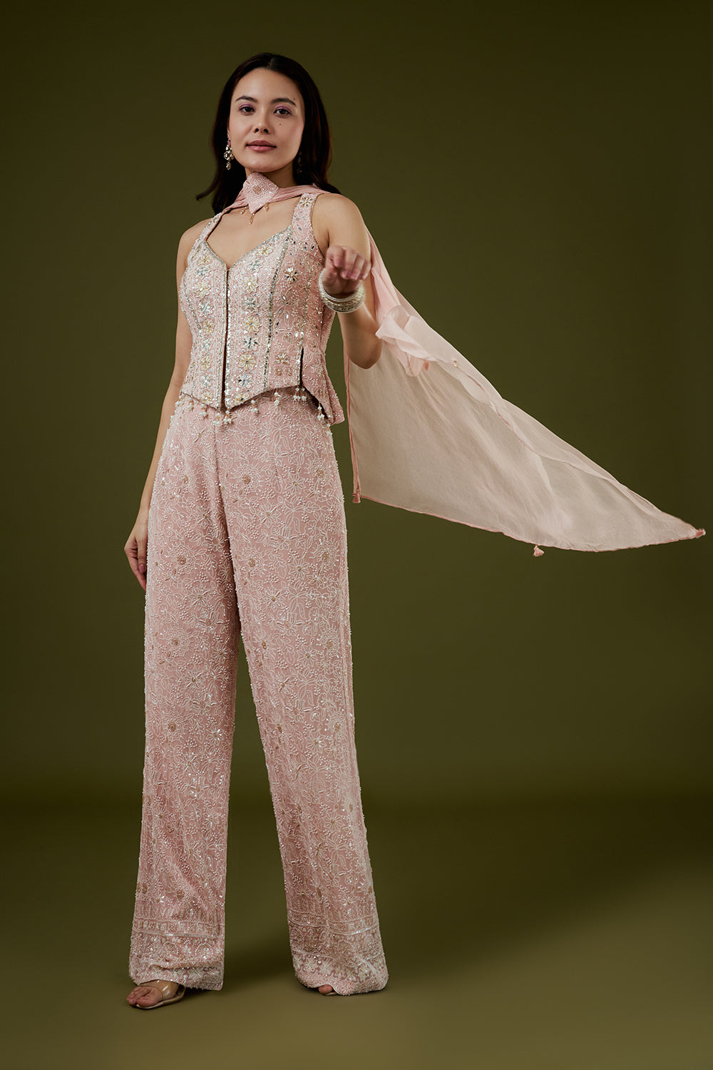 Pink Georgette Lucknowi Palazzo Set with Mirror Work