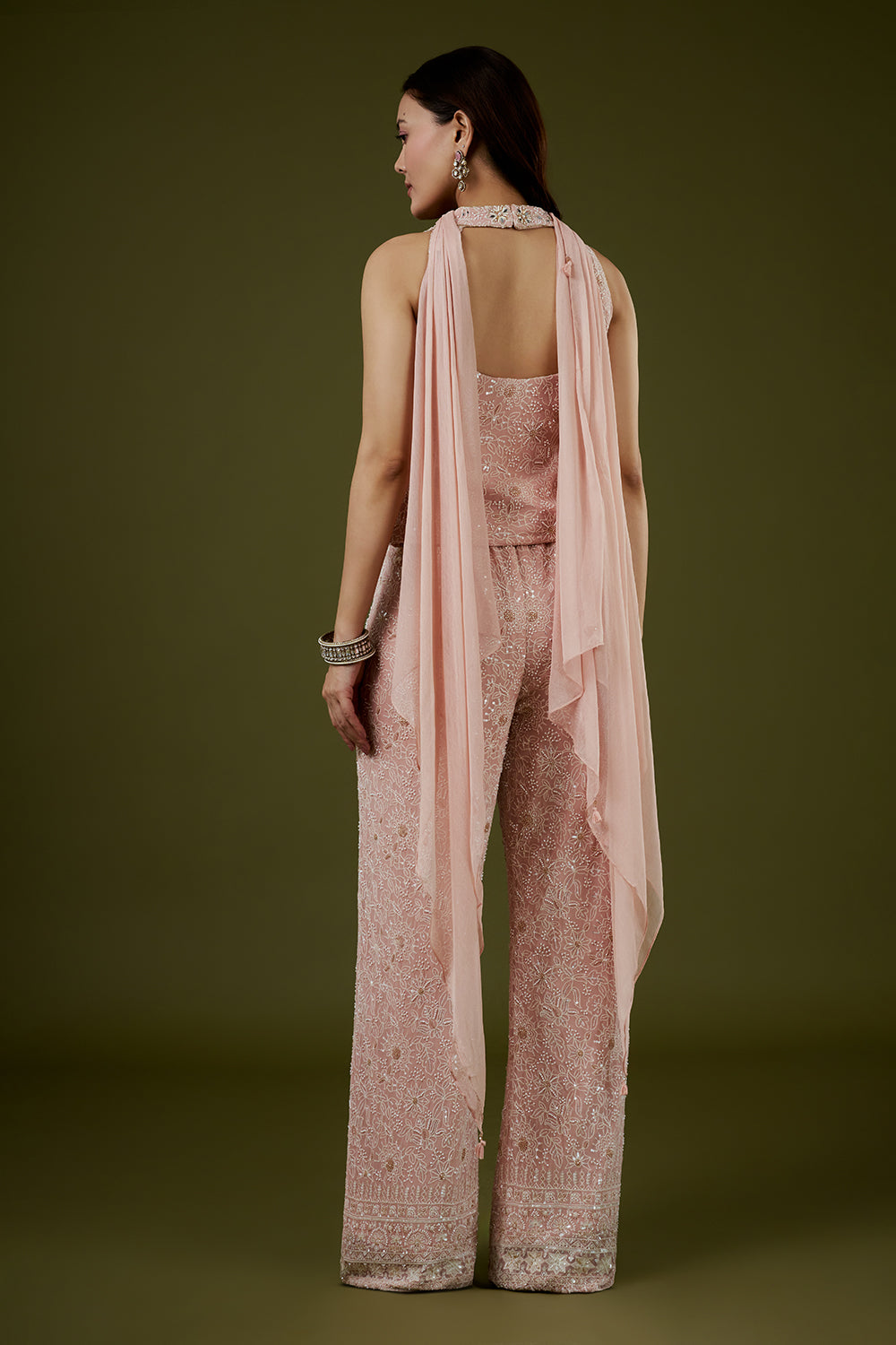 Pink Georgette Lucknowi Palazzo Set with Mirror Work