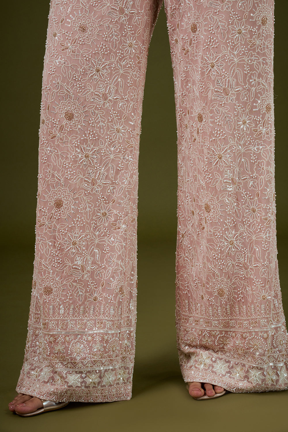 Pink Georgette Lucknowi Palazzo Set with Mirror Work