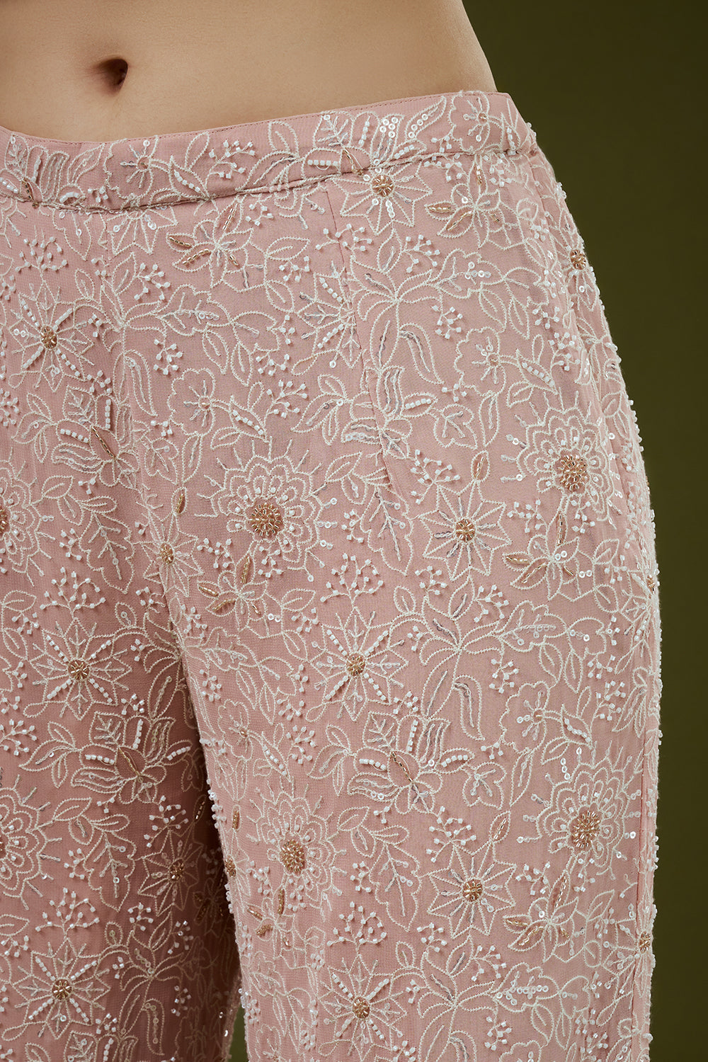 Pink Georgette Lucknowi Palazzo Set with Mirror Work