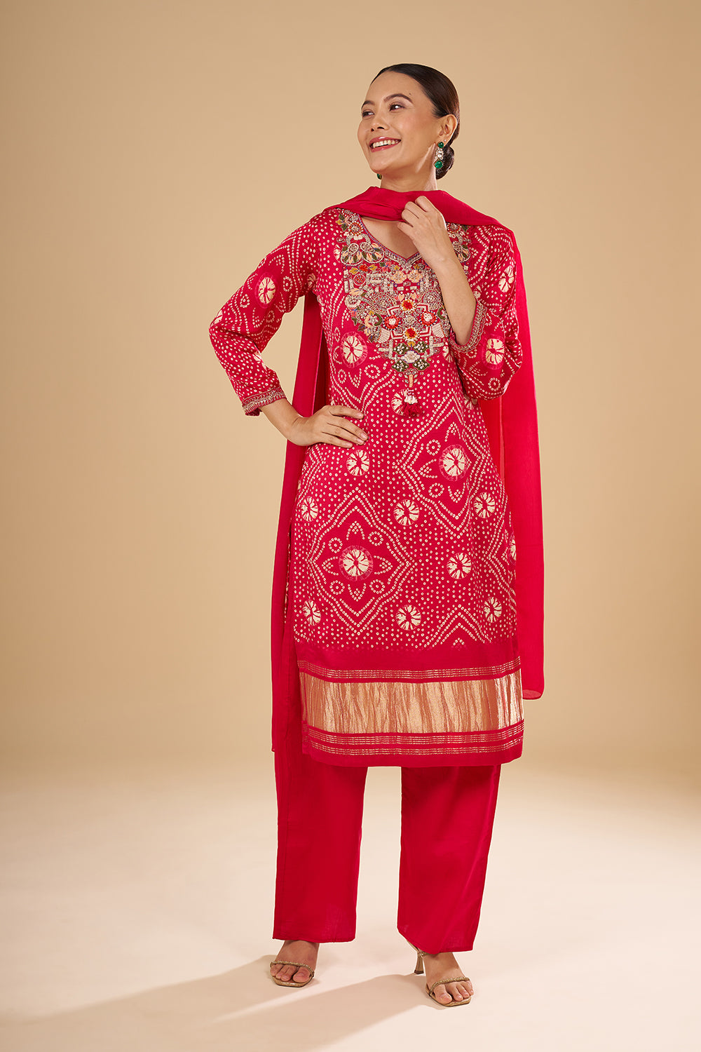 Pink Modal Silk Bandhani Printed Kurta Set featuring 3D Resham Floral Work
