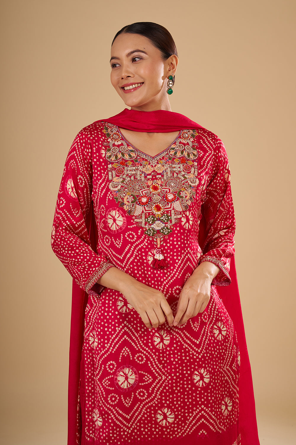 Pink Modal Silk Bandhani Printed Kurta Set featuring 3D Resham Floral Work