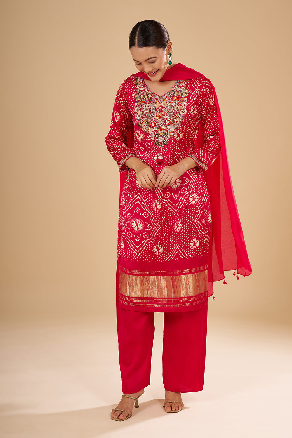Pink Modal Silk Bandhani Printed Kurta Set featuring 3D Resham Floral Work