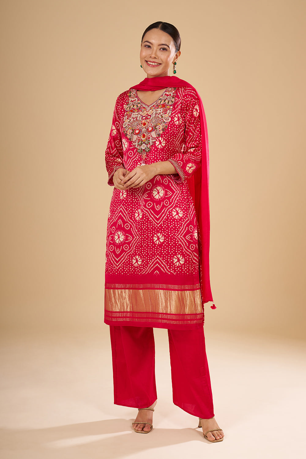 Pink Modal Silk Bandhani Printed Kurta Set featuring 3D Resham Floral Work
