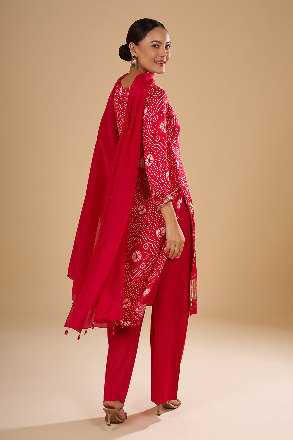 Pink Modal Silk Bandhani Printed Kurta Set featuring 3D Resham Floral Work