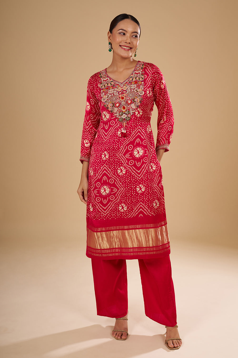 Pink Modal Silk Bandhani Printed Kurta Set featuring 3D Resham Floral Work