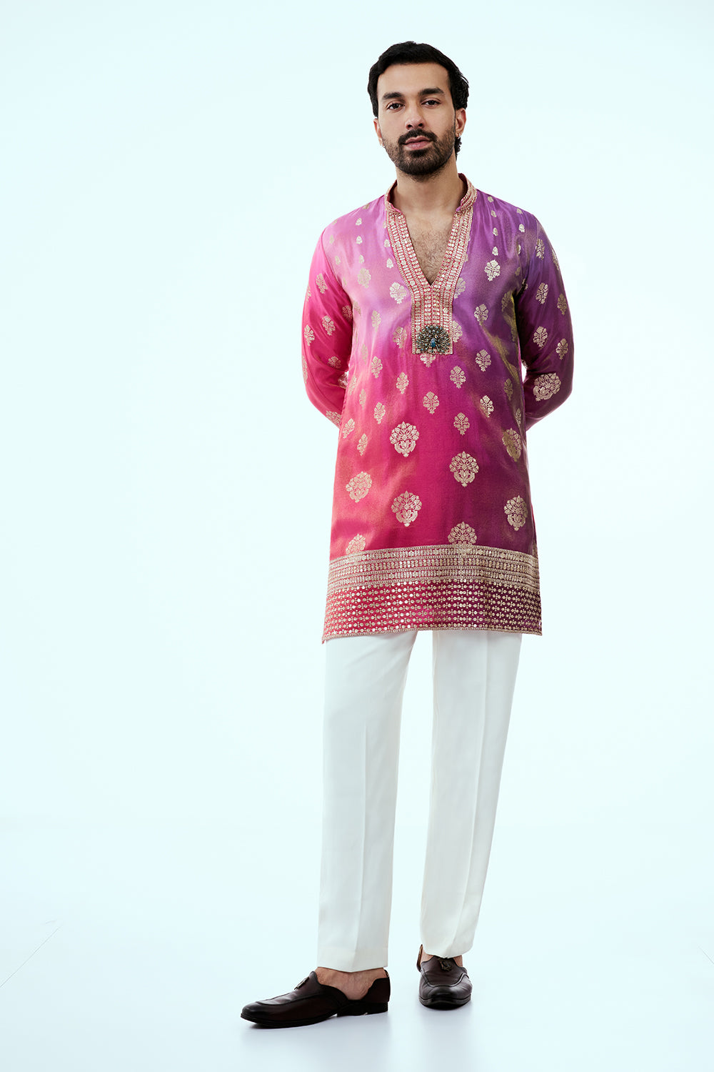 Pink Ombre Nokia Silk Mens Kurta Set with Banarasi Buti Work