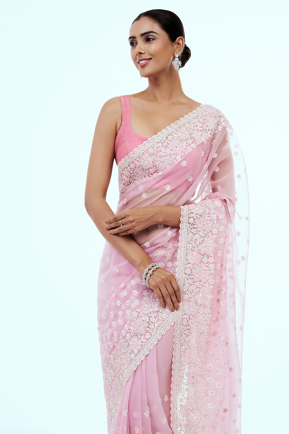 Pink Organza Embroidered Saree with Stone Work