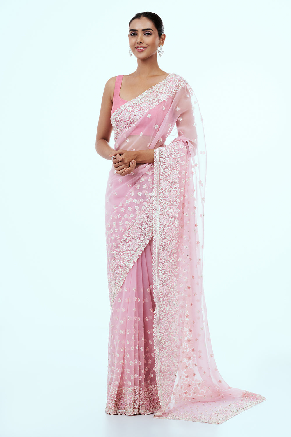 Pink Organza Embroidered Saree with Stone Work