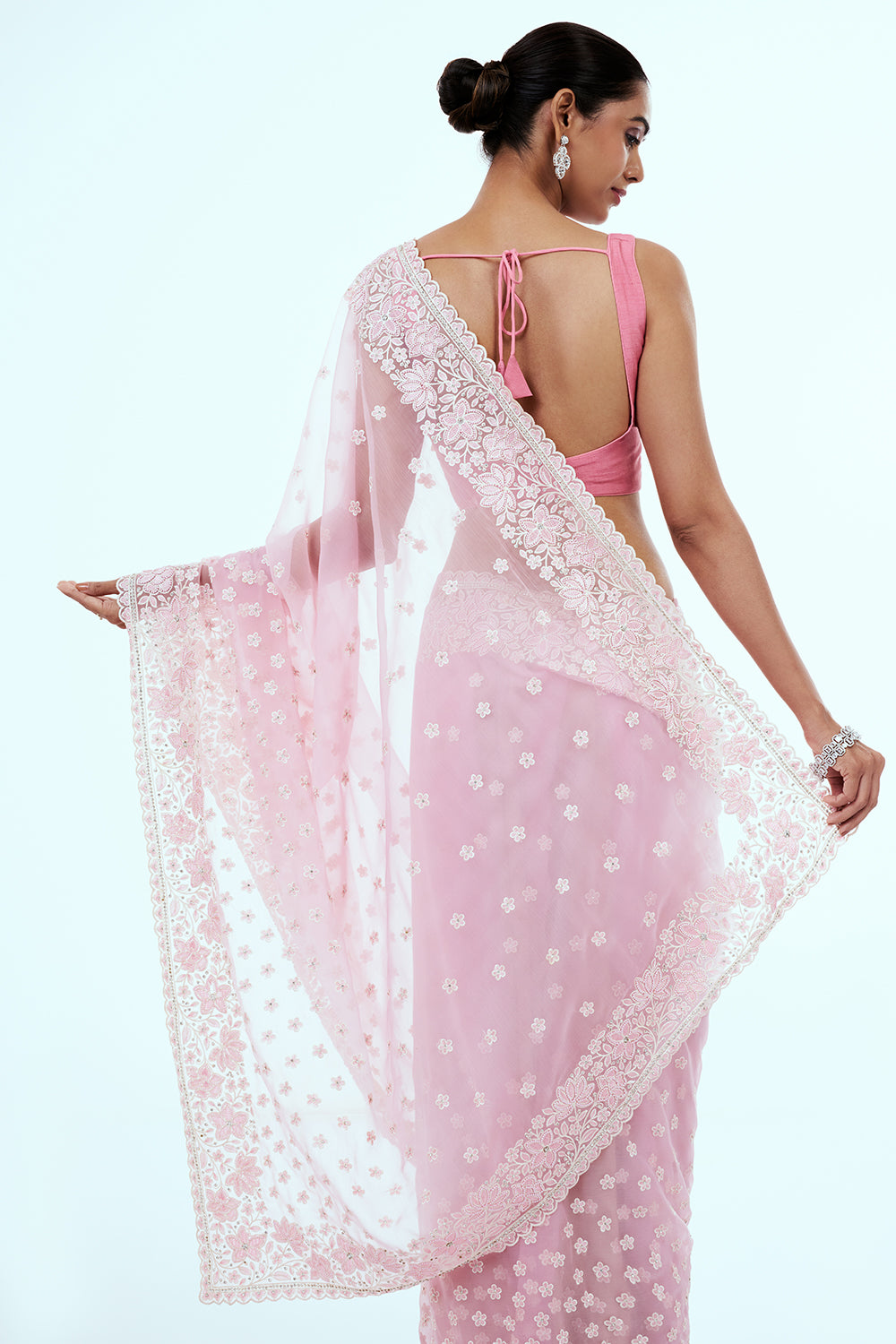 Pink Organza Embroidered Saree with Stone Work