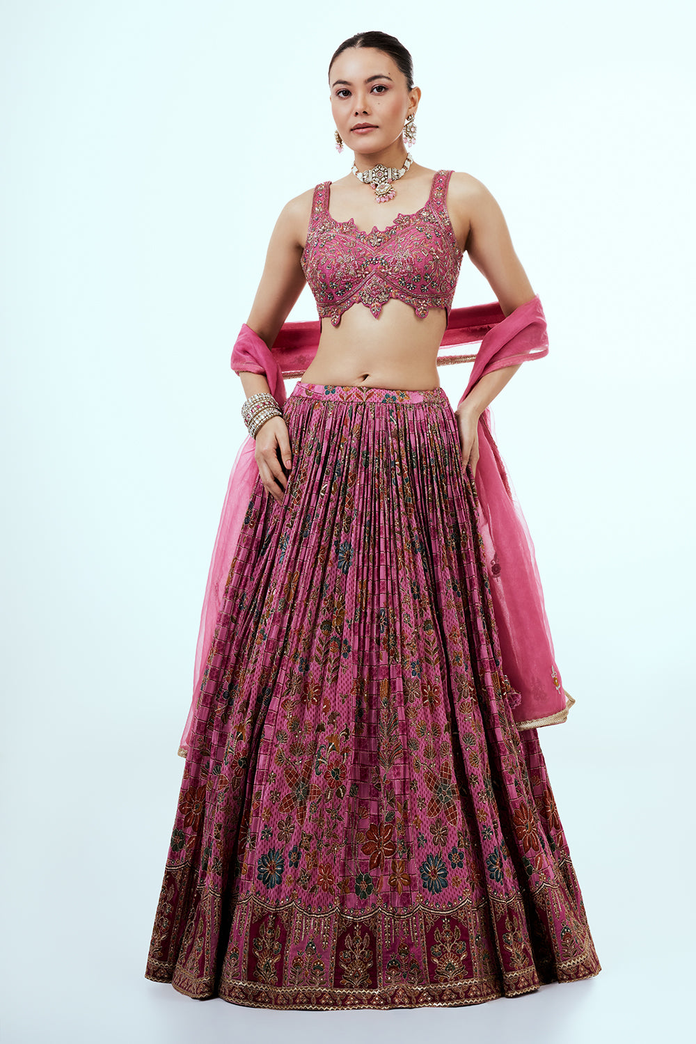 Pink Printed Art Silk Lehenga with Zari Embroidery