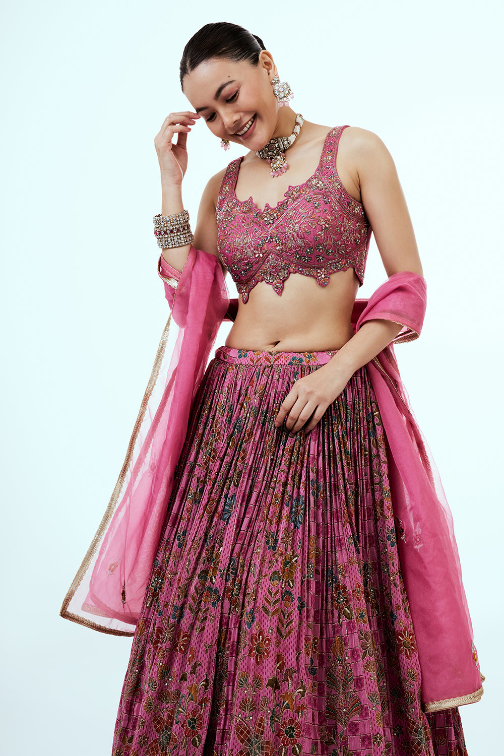 Pink Printed Art Silk Lehenga with Zari Embroidery