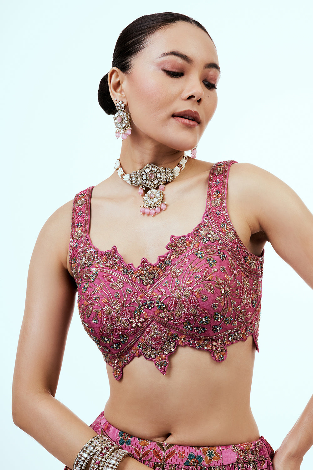 Pink Printed Art Silk Lehenga with Zari Embroidery