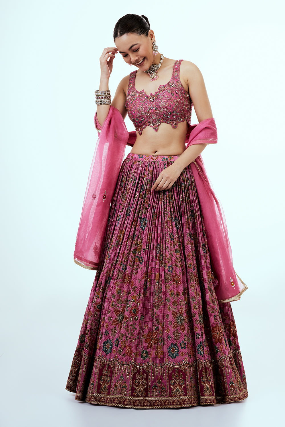 Pink Printed Art Silk Lehenga with Zari Embroidery