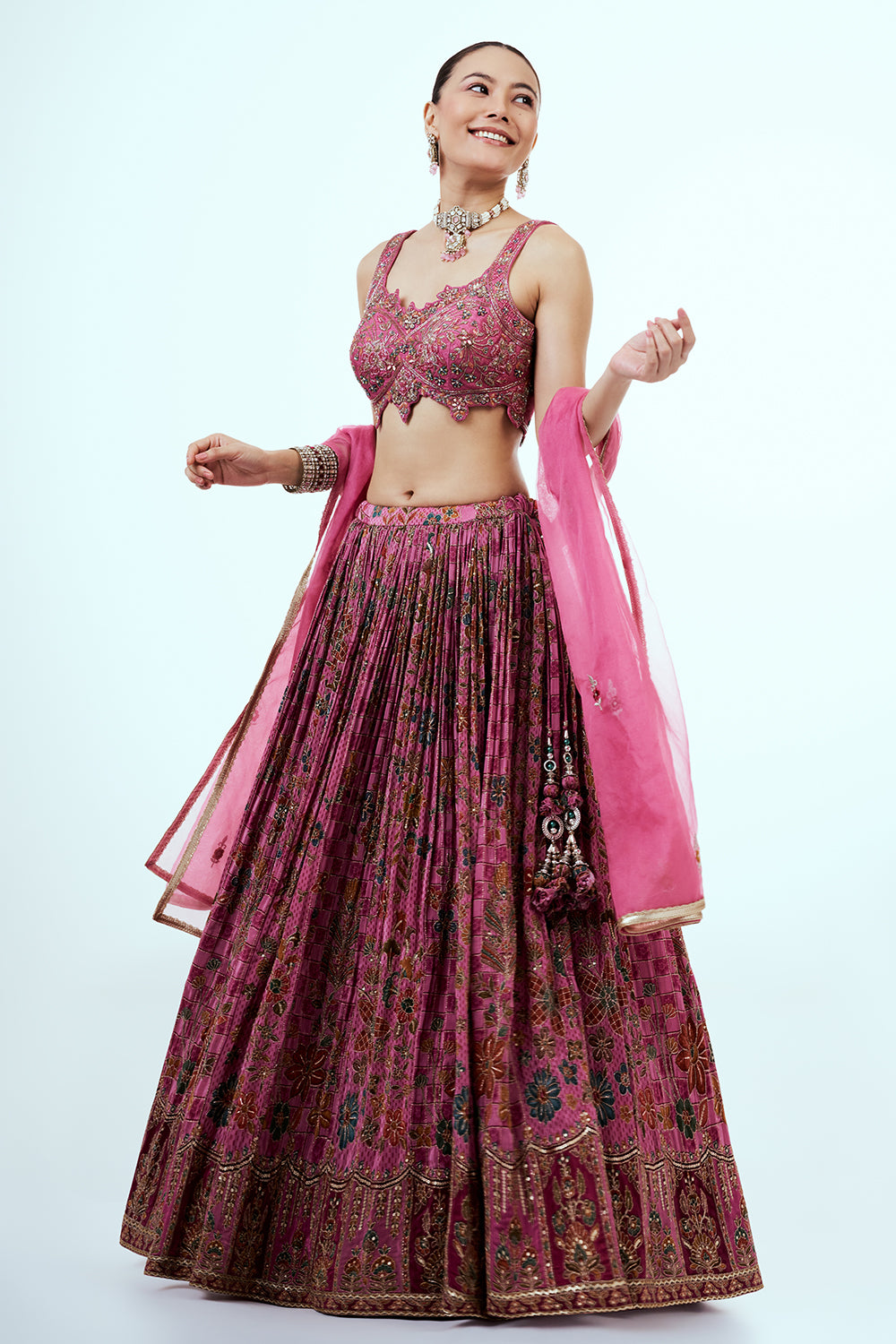 Pink Printed Art Silk Lehenga with Zari Embroidery