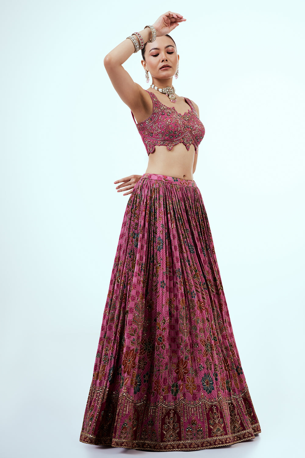 Pink Printed Art Silk Lehenga with Zari Embroidery