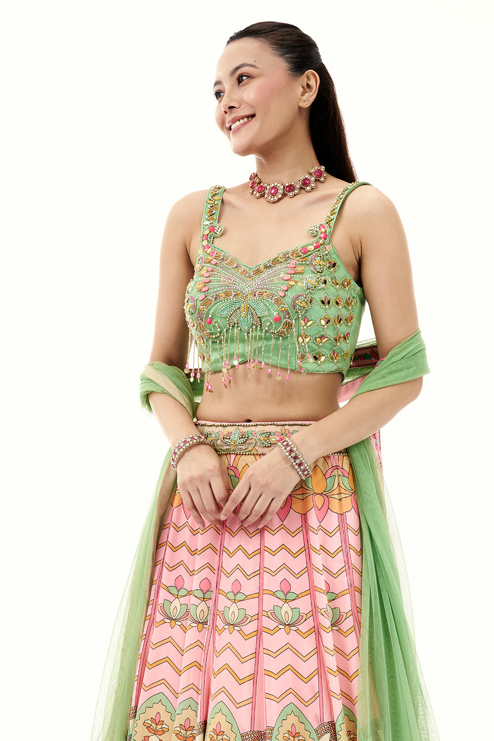 Pink Satin Crepe Lehenga with Mint Green Embellished Blouse