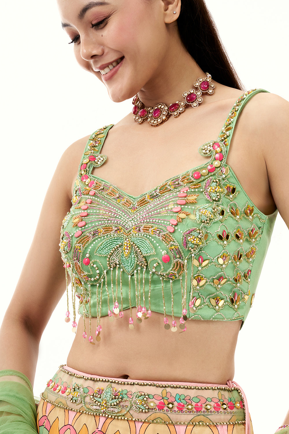 Pink Satin Crepe Lehenga with Mint Green Embellished Blouse