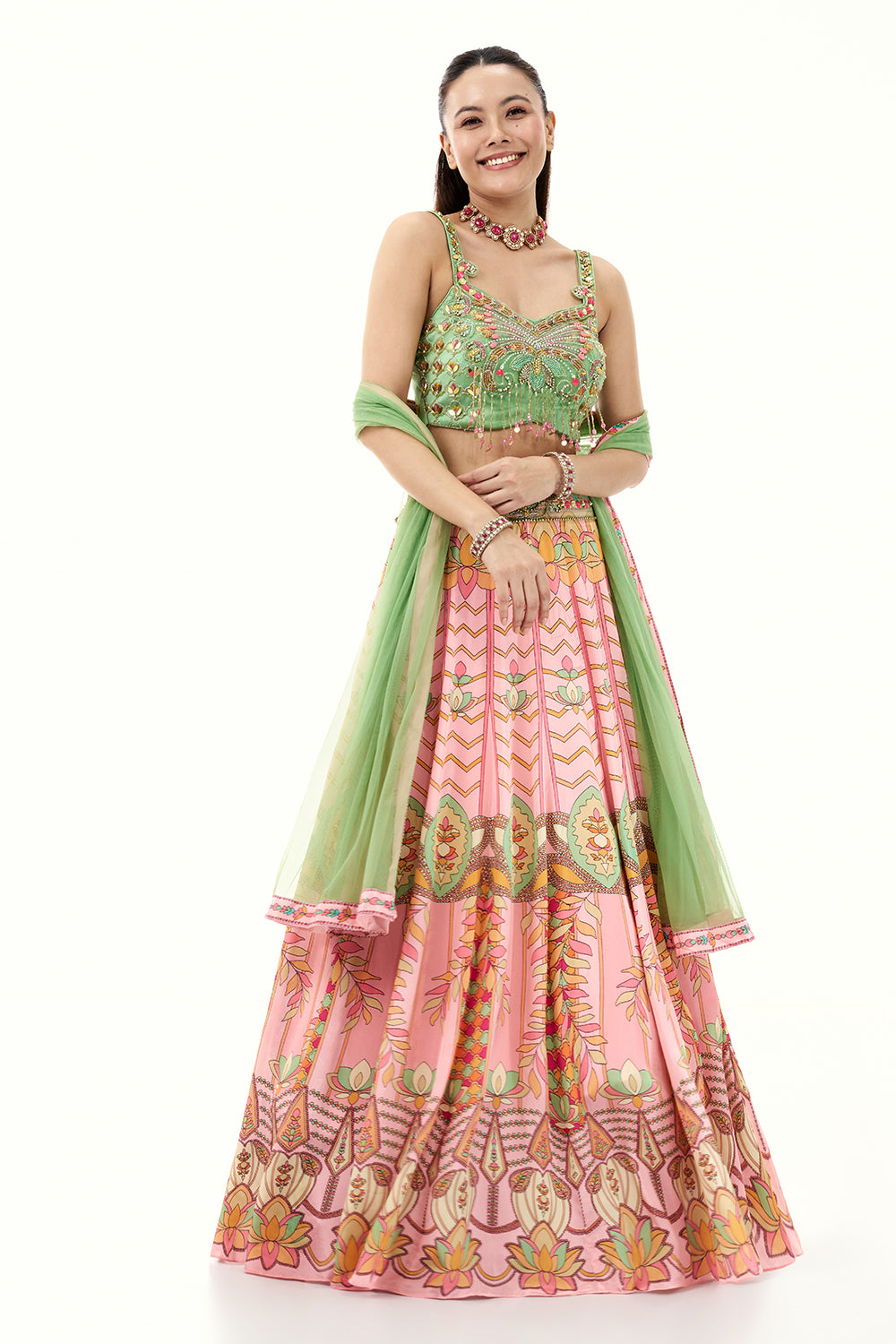 Pink Satin Crepe Lehenga with Mint Green Embellished Blouse