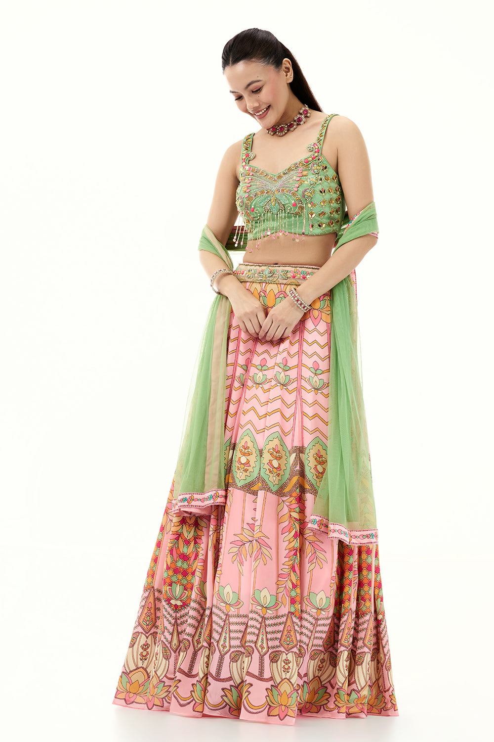 Pink Satin Crepe Lehenga with Mint Green Embellished Blouse
