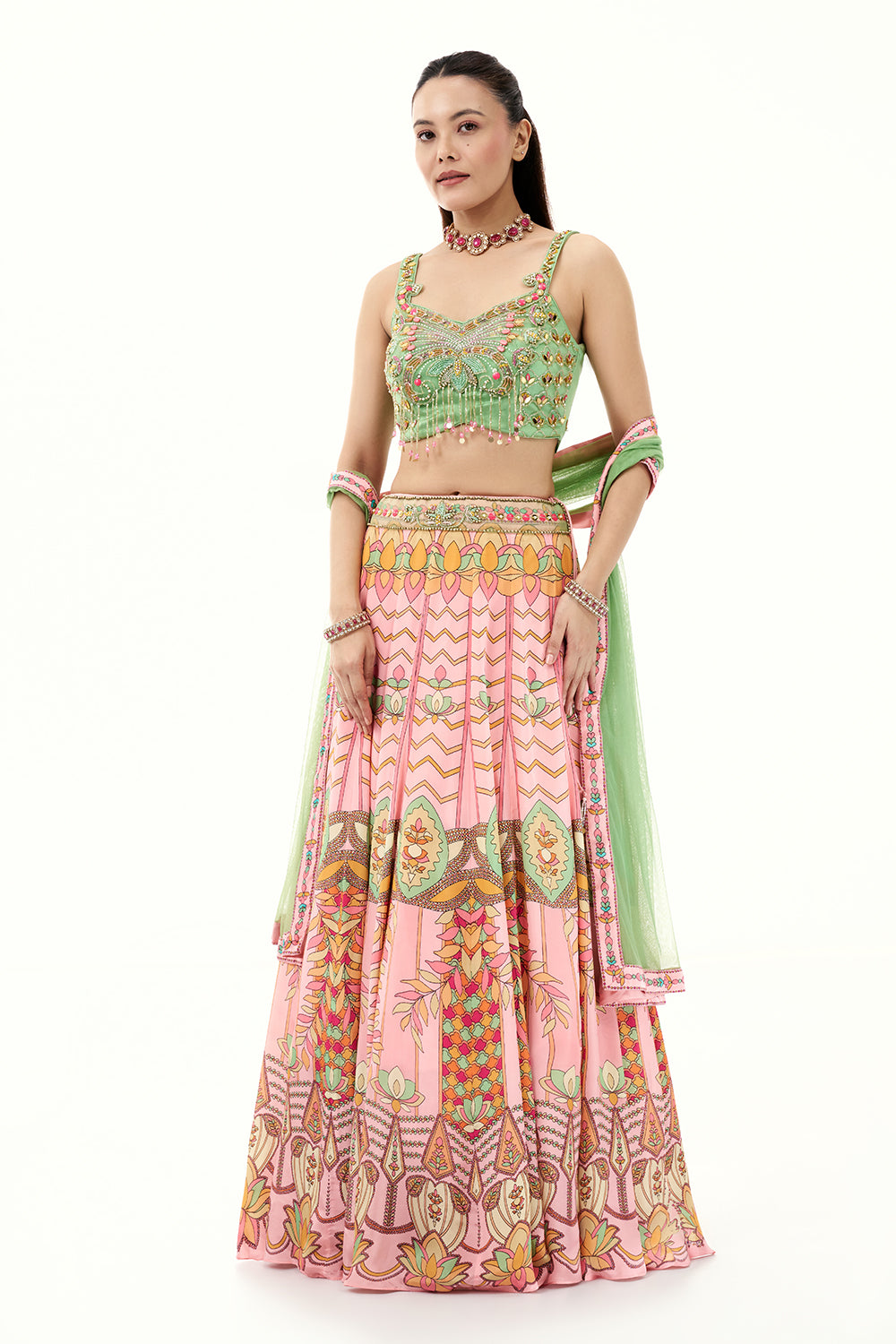 Pink Satin Crepe Lehenga with Mint Green Embellished Blouse