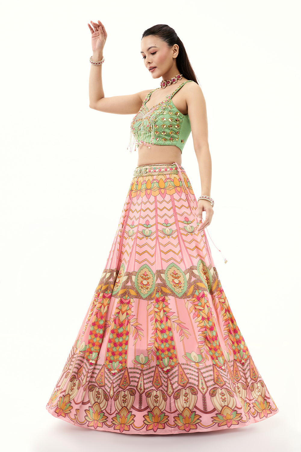 Pink Satin Crepe Lehenga with Mint Green Embellished Blouse