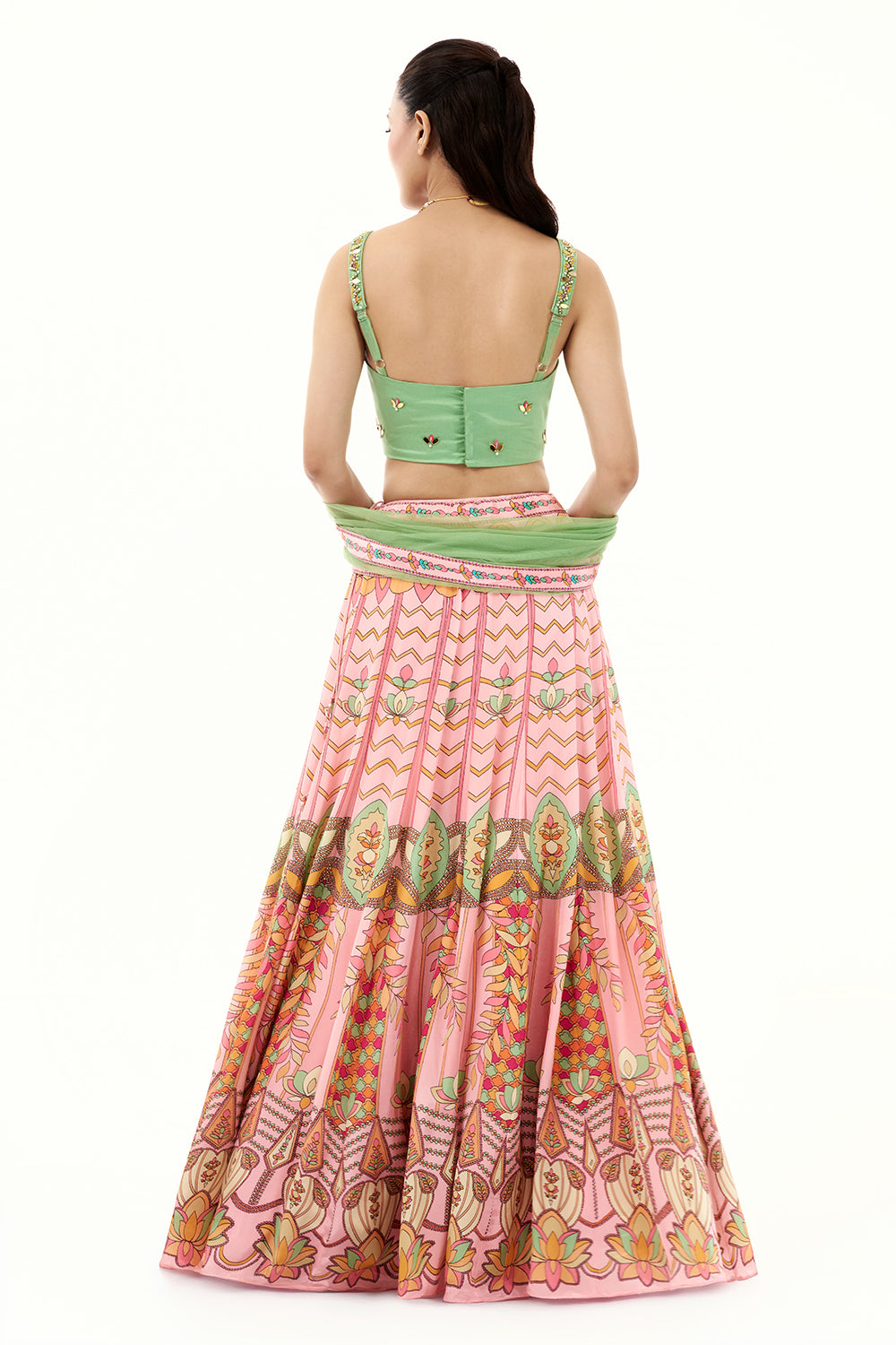 Pink Satin Crepe Lehenga with Mint Green Embellished Blouse