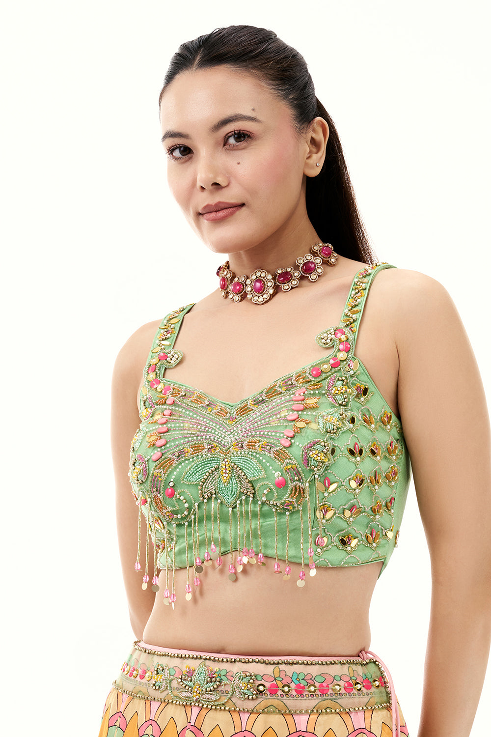 Pink Satin Crepe Lehenga with Mint Green Embellished Blouse