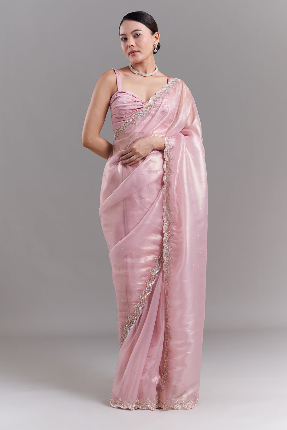 Pink Shimmer Organza Saree with Scalloped Embellished Border