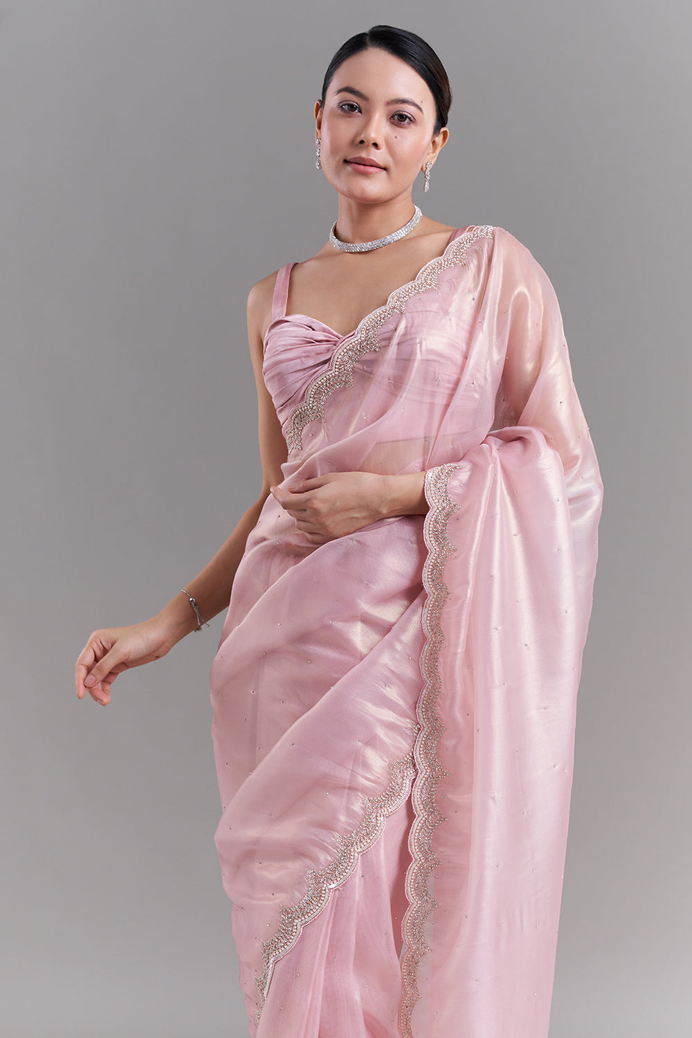 Pink Shimmer Organza Saree with Scalloped Embellished Border