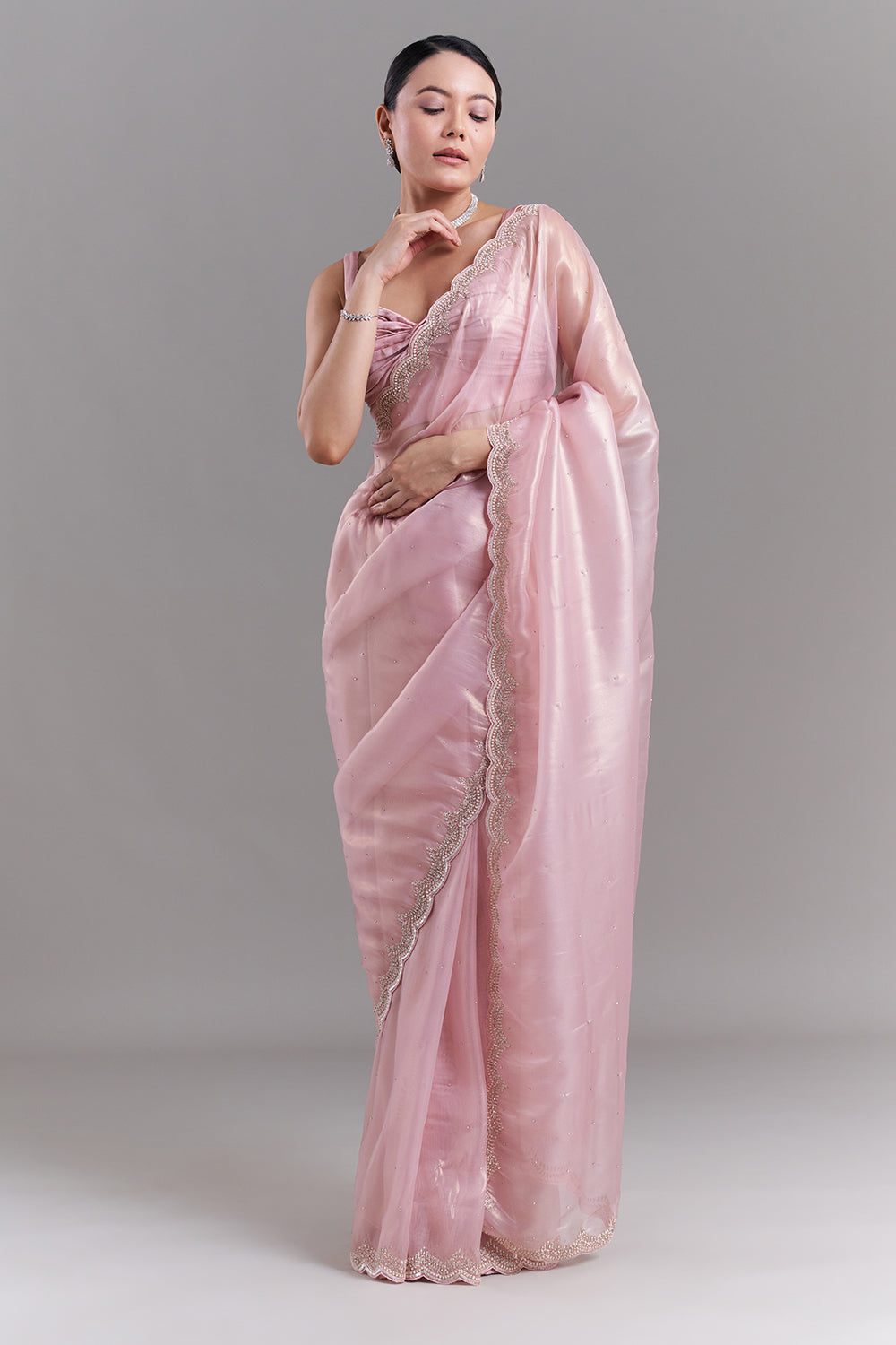 Pink Shimmer Organza Saree with Scalloped Embellished Border