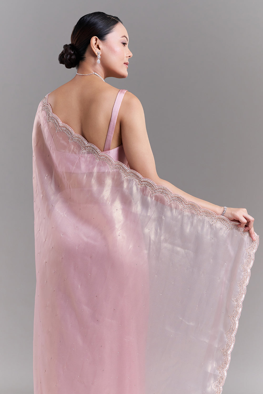 Pink Shimmer Organza Saree with Scalloped Embellished Border