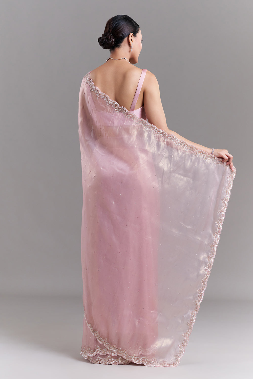 Pink Shimmer Organza Saree with Scalloped Embellished Border