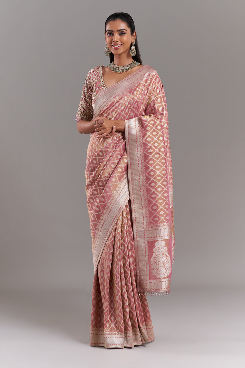 Pink Shimmer Tissue Banarasi Saree with Stitched Blouse