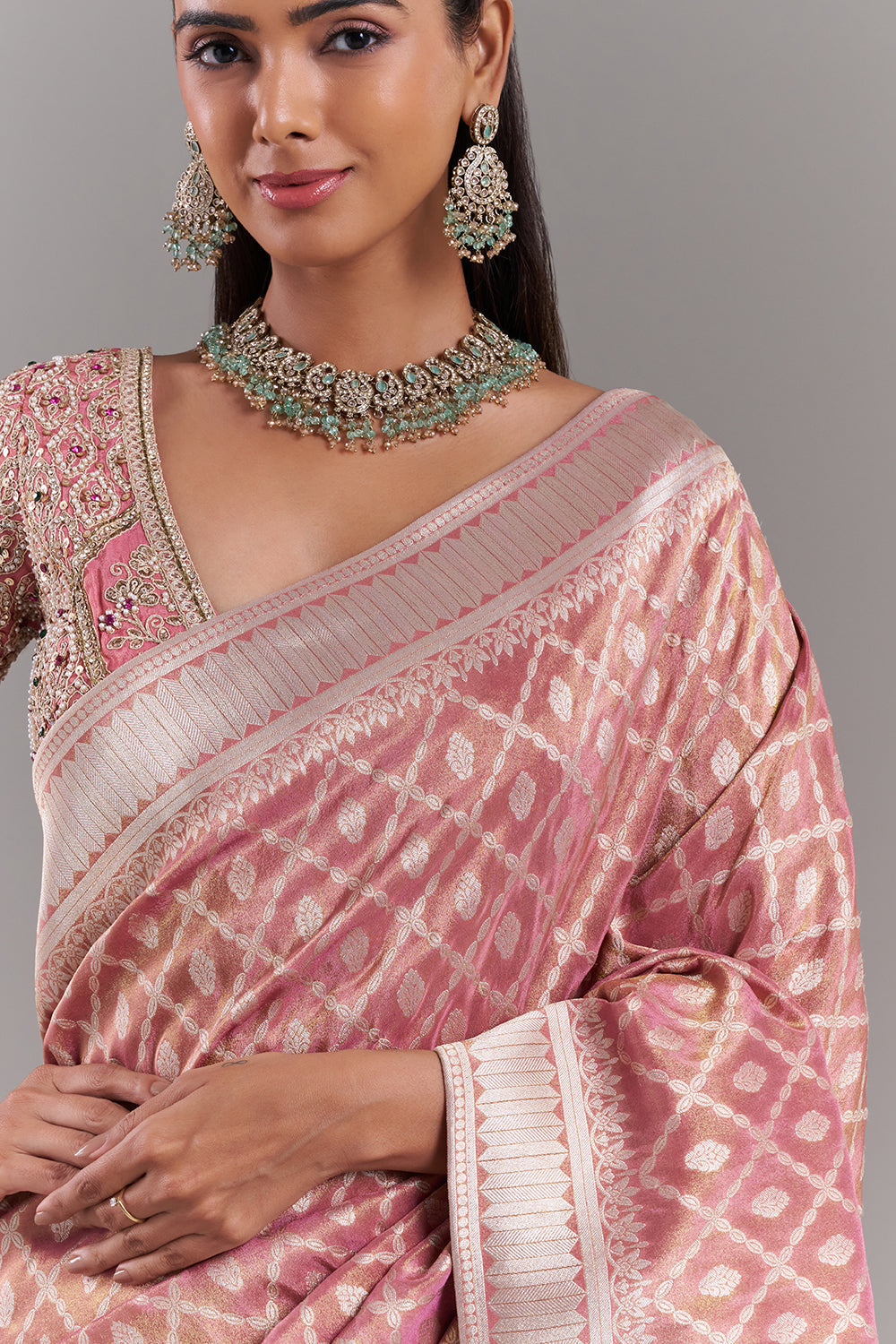Pink Shimmer Tissue Banarasi Saree with Stitched Blouse