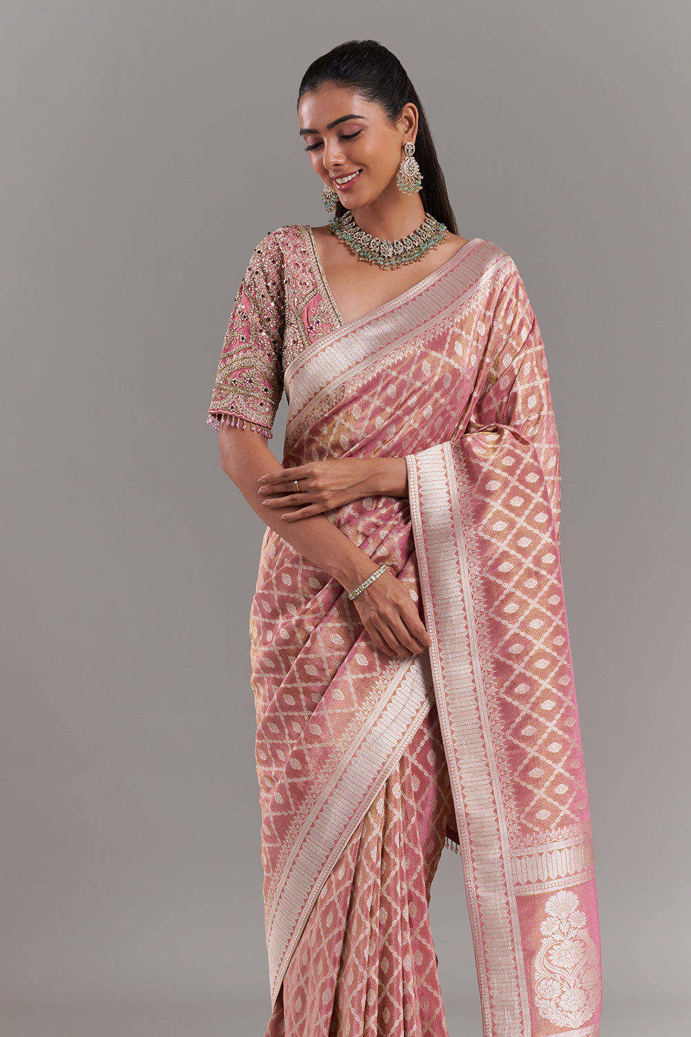 Pink Shimmer Tissue Banarasi Saree with Stitched Blouse