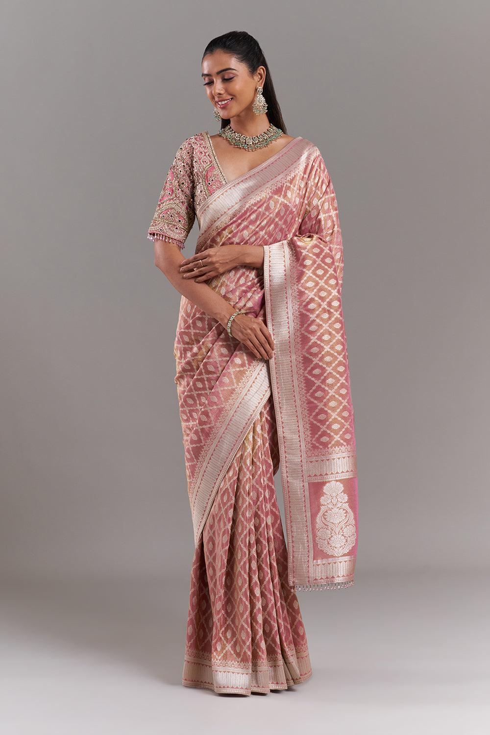 Pink Shimmer Tissue Banarasi Saree with Stitched Blouse