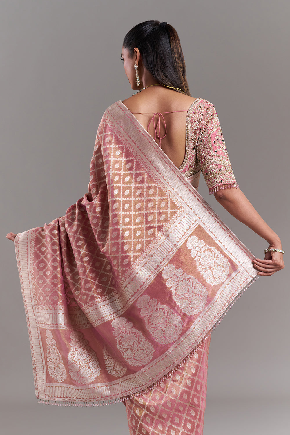 Pink Shimmer Tissue Banarasi Saree with Stitched Blouse