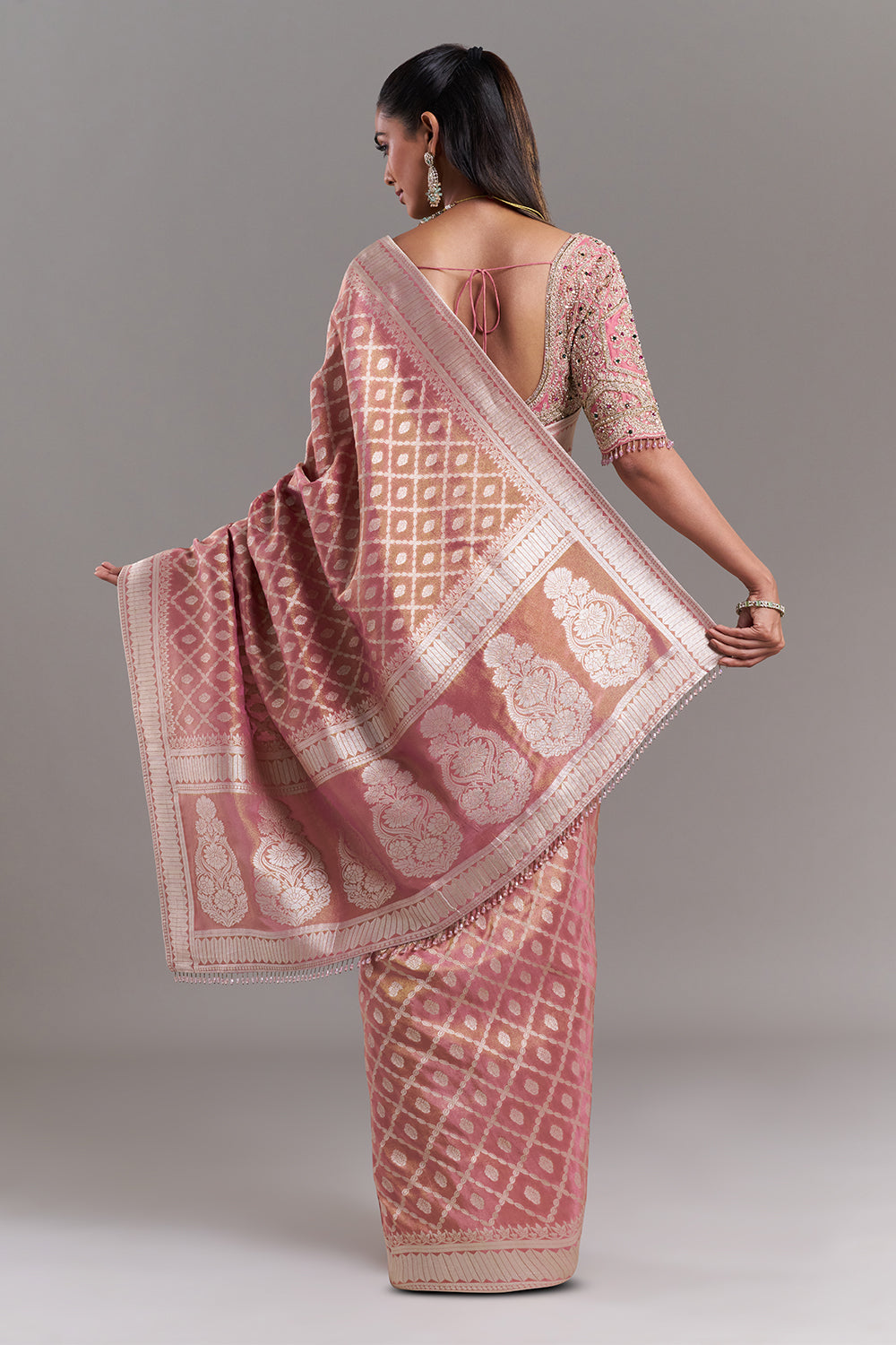 Pink Shimmer Tissue Banarasi Saree with Stitched Blouse
